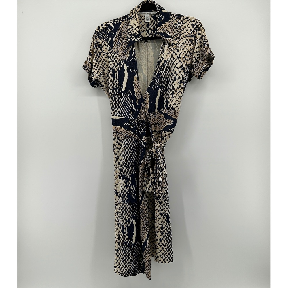 Diane von Furstenberg Avara 100% Silk Snakeskin Wrap Dress Navy Tan 6 Lux Office